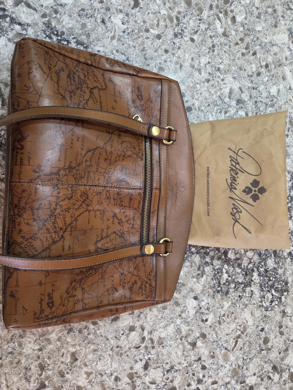 Patricia Nash Cognac Map-Print Leather Tote with Gold Hardware
